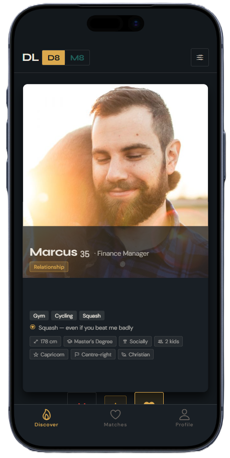 DLD8 Date mode discover screen showing active member profiles