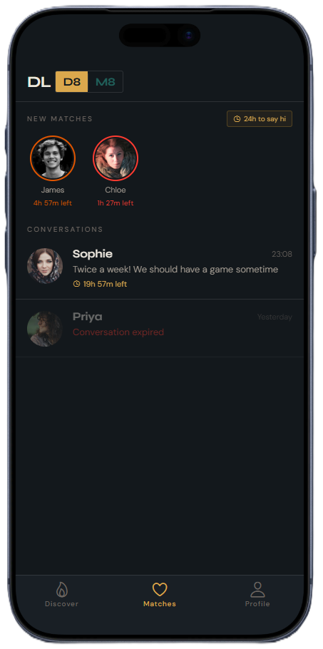 DLD8 Date mode matches screen showing 24-hour match window