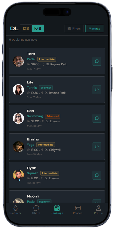 DLD8 Mate mode bookings directory showing members with upcoming sessions