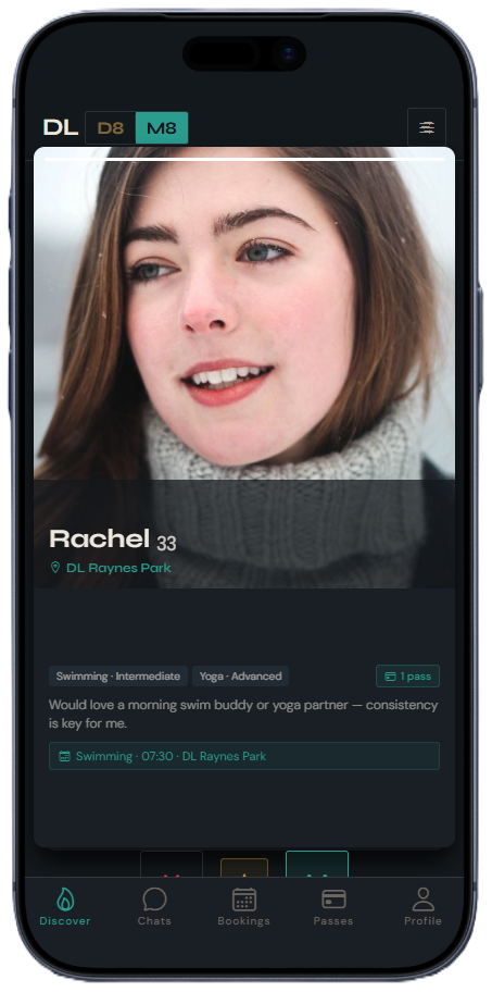 DLD8 Mate mode discover screen showing training partner profiles